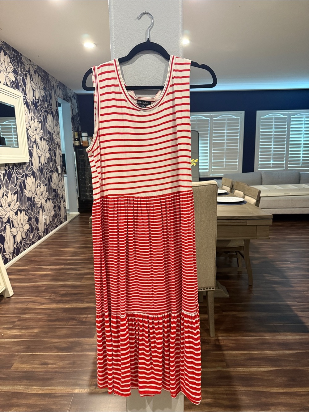 Nina Leonard Red and White Striped Sleeveless Maxi Dress